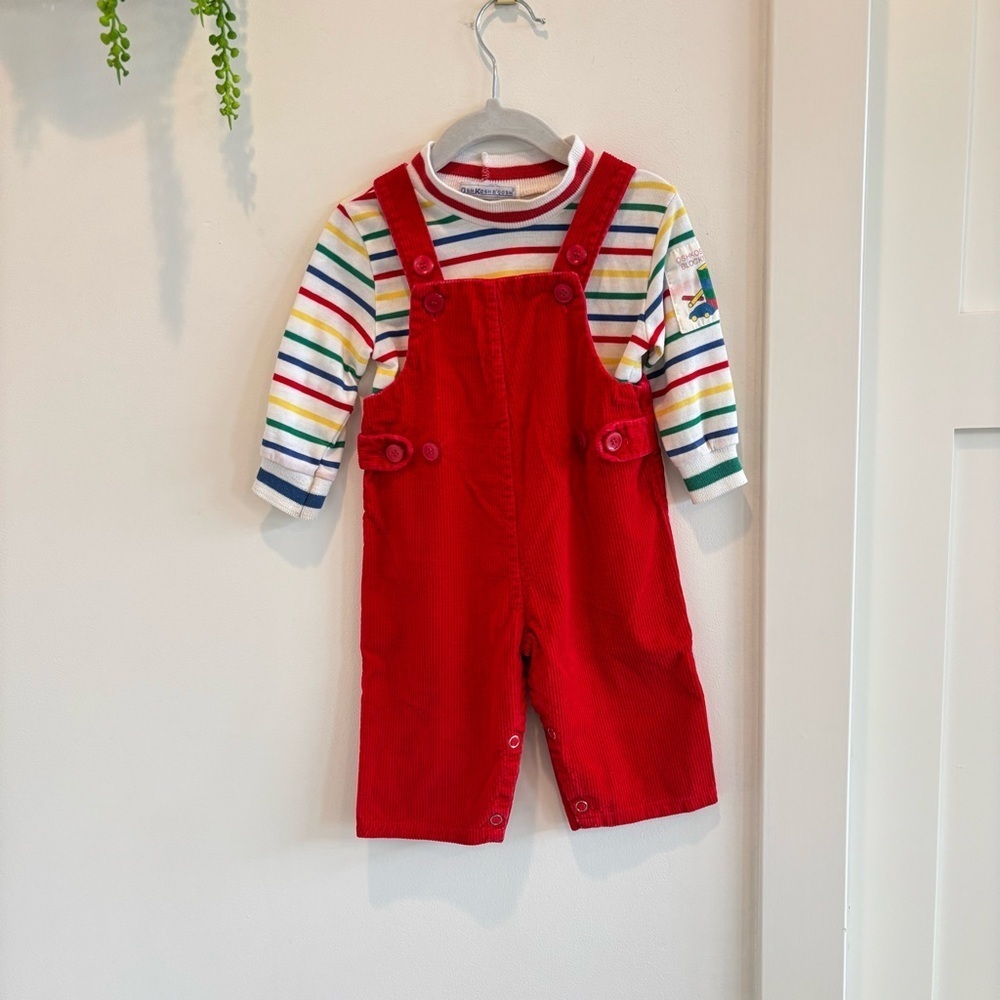 OshKosh B'Gosh Vintage 80's Rainbow Striped Mock Neck 18 mos Shirt Red Overalls